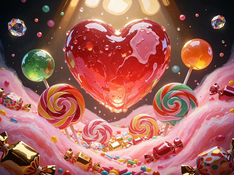 Tematyczna ilustracja: cukierkowa kraina z czerwonym sercem, gumami balonowymi i lizakami w klimacie Sweet Bonanza