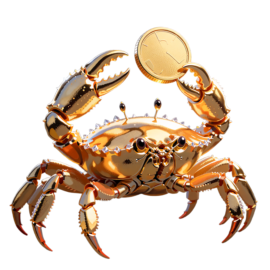 Złoty krab z kryształowymi akcentami na skorupie trzyma w szponach dużą złotą monetę - symbol Bonus Crab