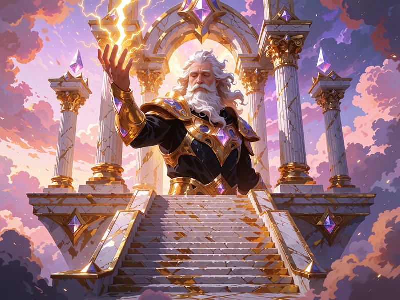 Tematyczna ilustracja: brodaty b&oacute;g z piorunem w złotej świątyni wśr&oacute;d fioletowych chmur, motyw w stylu Gates of Olympus