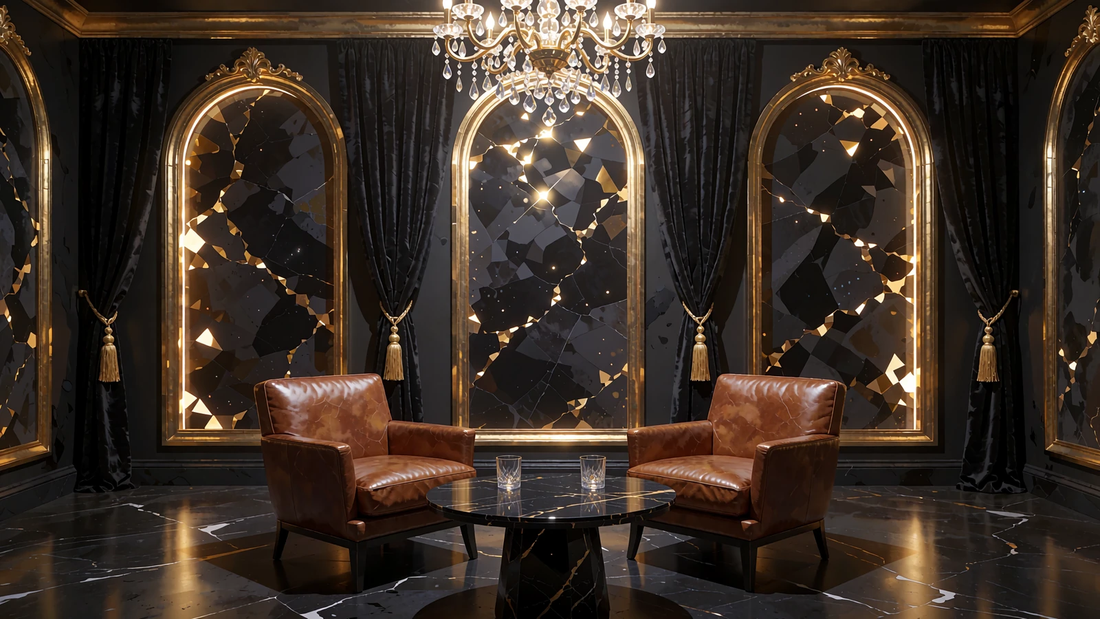 Pusty prywatny salon kasyna z łukowymi wnękami, sk&oacute;rzanymi fotelami i kryształowym żyrandolem - klimat marki Millioner Casino