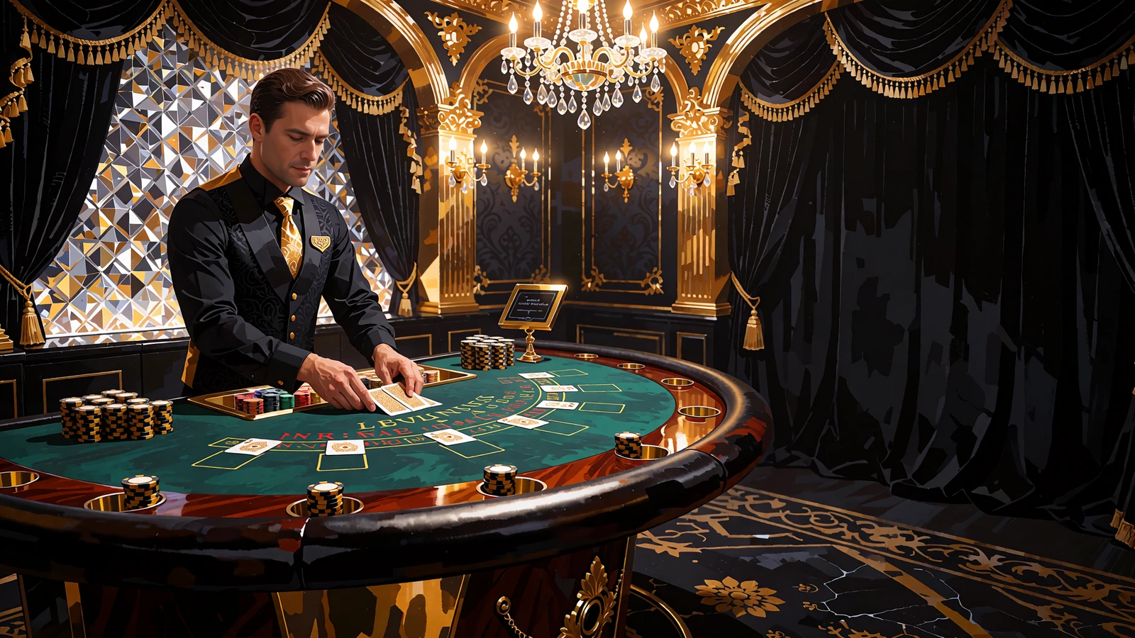 Krupier w czarnej kamizelce i złotym krawacie rozdaje karty przy stole blackjacka w salonie Gold Salon - kasyno na żywo Millioner