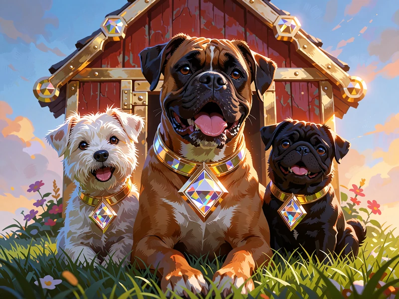 Tematyczna ilustracja: trzy wesołe psy przed czerwoną budą ze złotym dachem, motyw nawiązujący do The Dog House